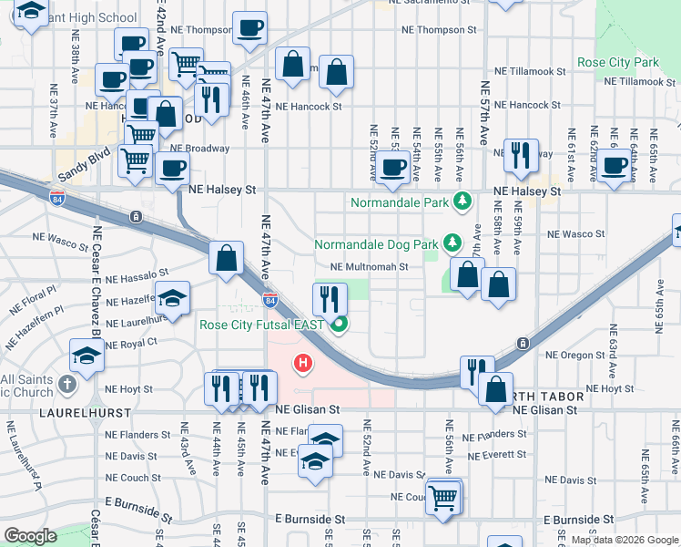 map of restaurants, bars, coffee shops, grocery stores, and more near 5024 Northeast Multnomah Street in Portland