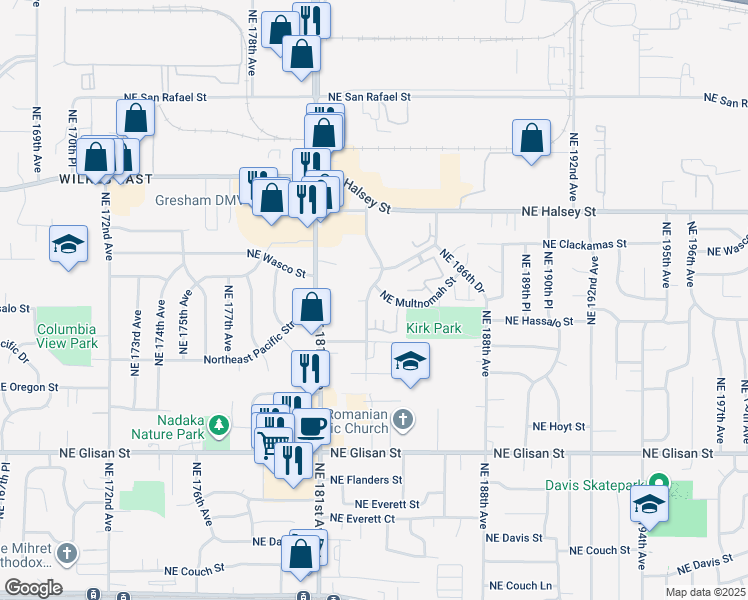 map of restaurants, bars, coffee shops, grocery stores, and more near 1126 Northeast 183rd Avenue in Portland