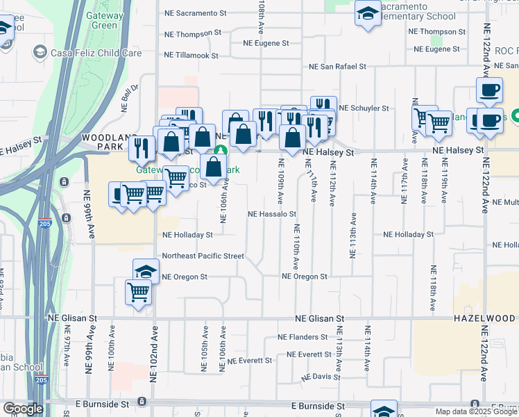 map of restaurants, bars, coffee shops, grocery stores, and more near 1115 Northeast 108th Avenue in Portland