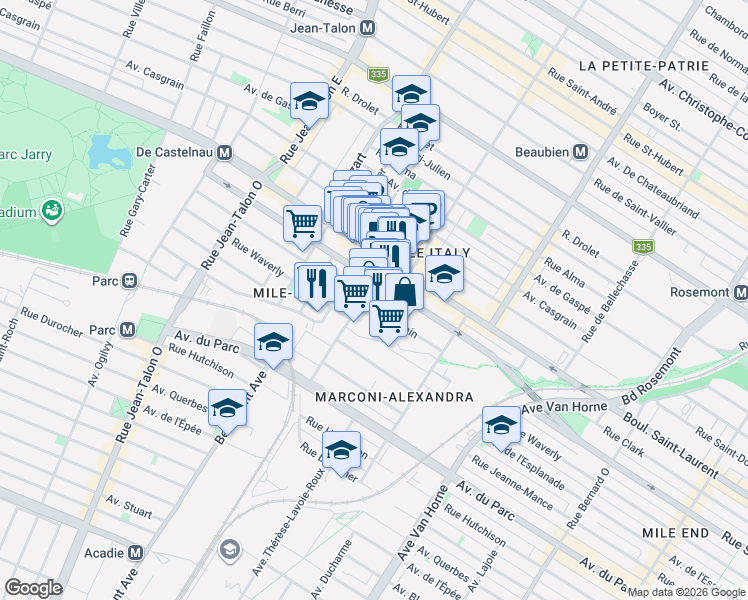 map of restaurants, bars, coffee shops, grocery stores, and more near 95 Rue Saint-Zotique Ouest in Montréal