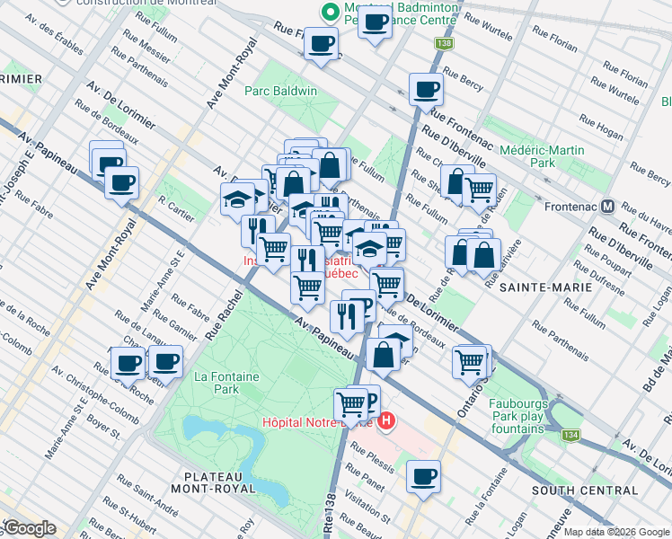 map of restaurants, bars, coffee shops, grocery stores, and more near 3539 Rue de Bordeaux in Montréal