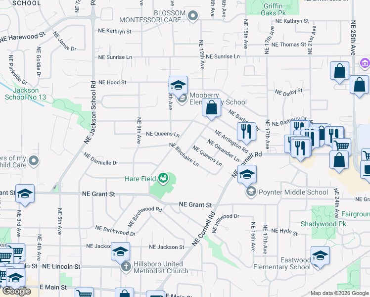 map of restaurants, bars, coffee shops, grocery stores, and more near 927 Northeast Hawthorne Avenue in Hillsboro