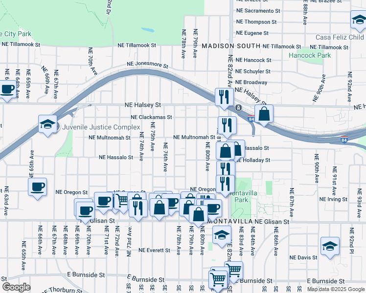 map of restaurants, bars, coffee shops, grocery stores, and more near 1131 Northeast 78th Avenue in Portland