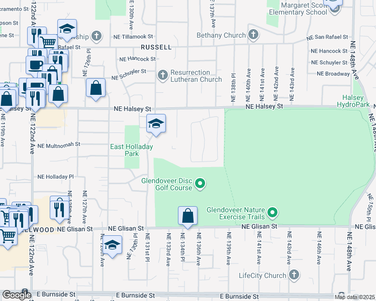 map of restaurants, bars, coffee shops, grocery stores, and more near 1115 Northeast 135th Avenue in Portland