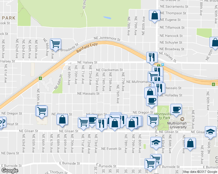 map of restaurants, bars, coffee shops, grocery stores, and more near 1143 Northeast 75th Avenue in Portland
