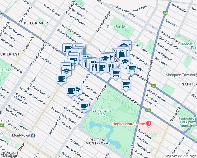 map of restaurants, bars, coffee shops, grocery stores, and more near 4270 Avenue Papineau in Montréal