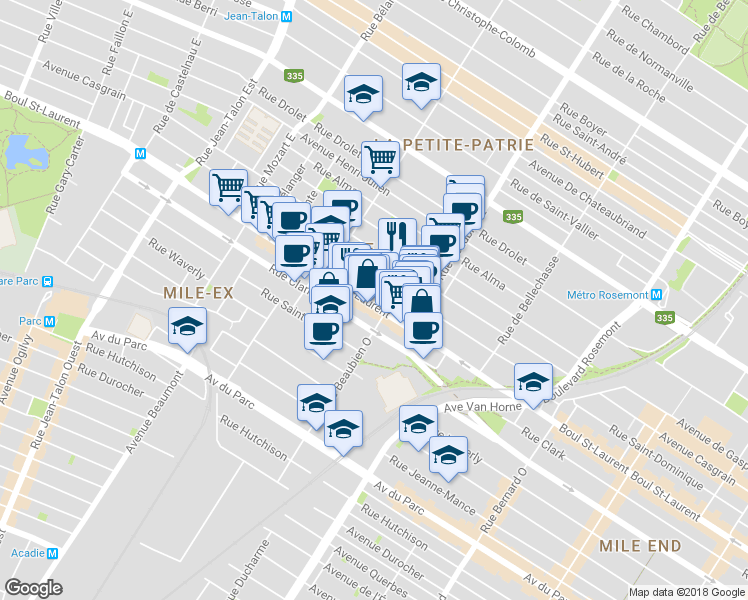 map of restaurants, bars, coffee shops, grocery stores, and more near 6587 Boulevard Saint-Laurent in Montréal