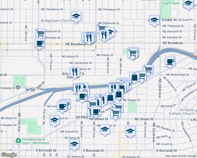 map of restaurants, bars, coffee shops, grocery stores, and more near 2506 Northeast Multnomah Street in Portland