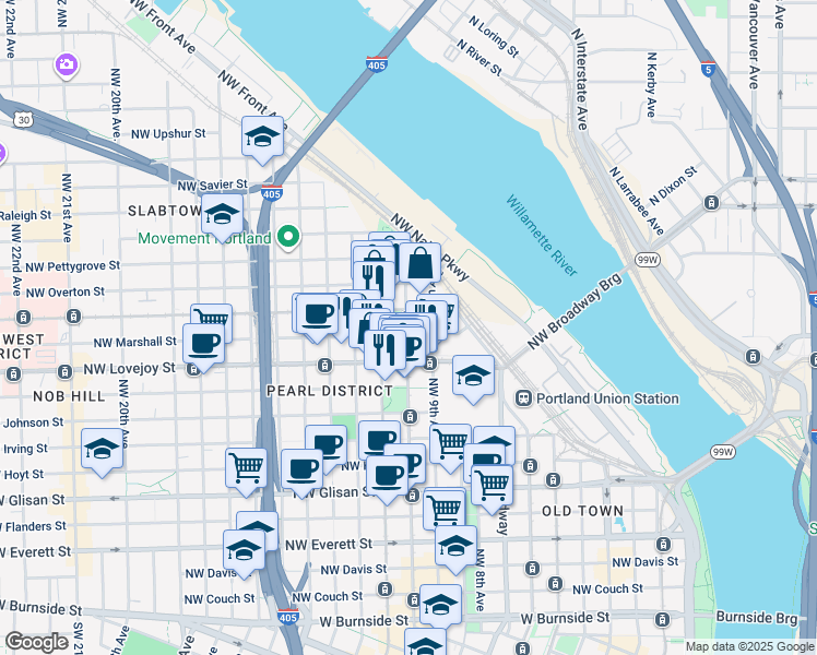 map of restaurants, bars, coffee shops, grocery stores, and more near in Portland