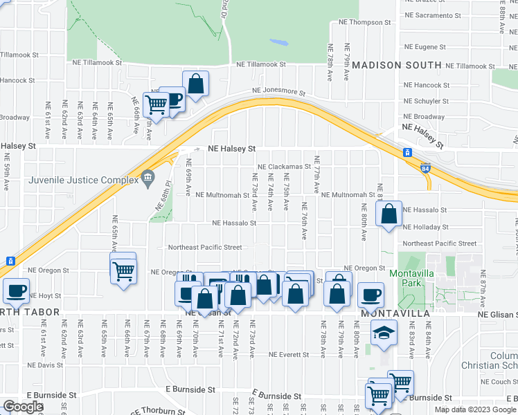 map of restaurants, bars, coffee shops, grocery stores, and more near 1144 Northeast 73rd Avenue in Portland