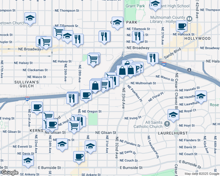 map of restaurants, bars, coffee shops, grocery stores, and more near 3101 Northeast Sandy Boulevard in Portland