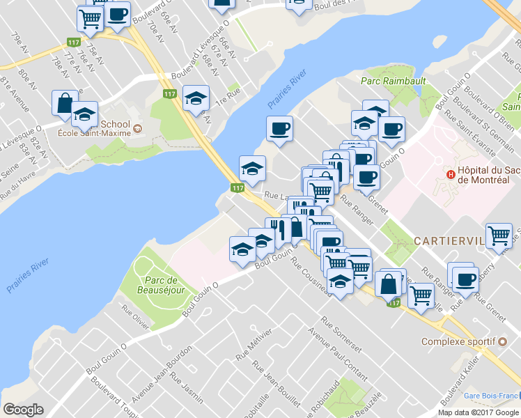 map of restaurants, bars, coffee shops, grocery stores, and more near 12450 Boulevard Laurentien in Montreal