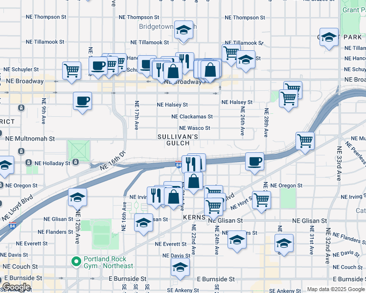 map of restaurants, bars, coffee shops, grocery stores, and more near 1112 Northeast 21st Avenue in Portland