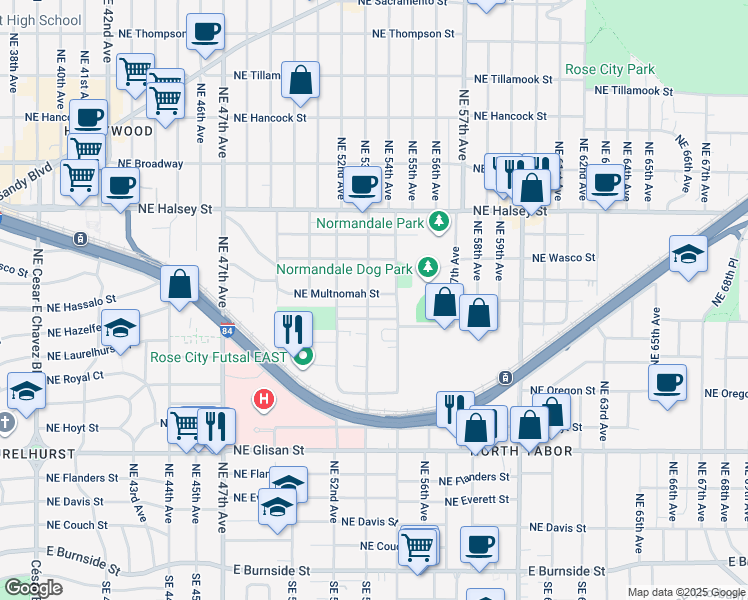 map of restaurants, bars, coffee shops, grocery stores, and more near 5308 Northeast Multnomah Street in Portland