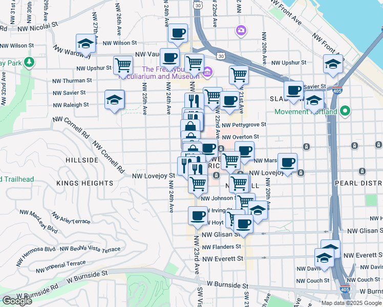 map of restaurants, bars, coffee shops, grocery stores, and more near 2286 Northwest Northrup Street in Portland