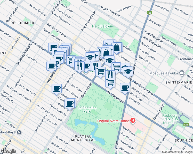 map of restaurants, bars, coffee shops, grocery stores, and more near 1852 Rue Rachel Est in Montréal