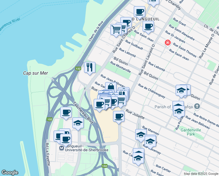map of restaurants, bars, coffee shops, grocery stores, and more near 255 Rue Gardenville in Longueuil