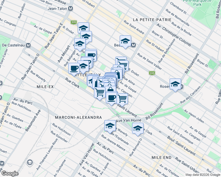 map of restaurants, bars, coffee shops, grocery stores, and more near 51 Rue Beaubien Est in Montréal