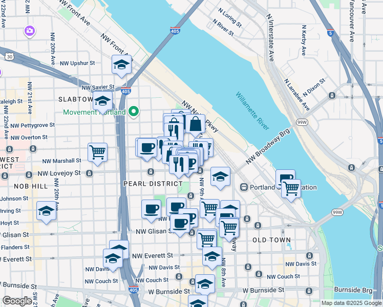 map of restaurants, bars, coffee shops, grocery stores, and more near 1125 Northwest 9th Avenue in Portland
