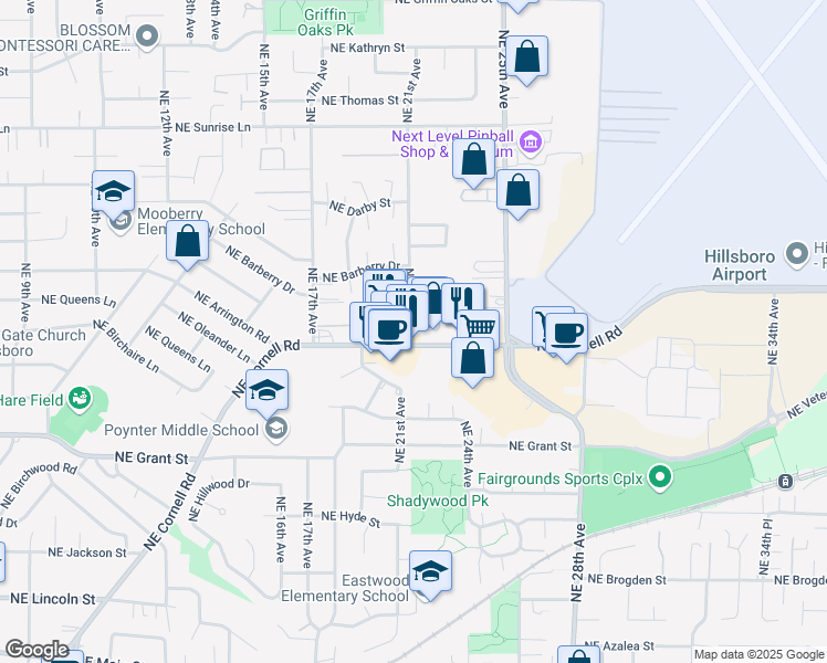 map of restaurants, bars, coffee shops, grocery stores, and more near 924 Northeast 21st Avenue in Hillsboro