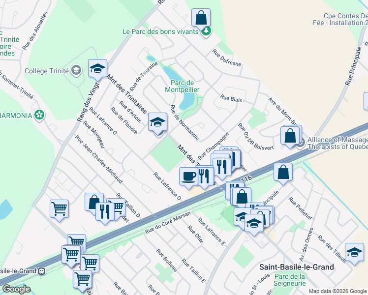 map of restaurants, bars, coffee shops, grocery stores, and more near 131 Montée des Trinitaires in Saint-Basile-le-Grand