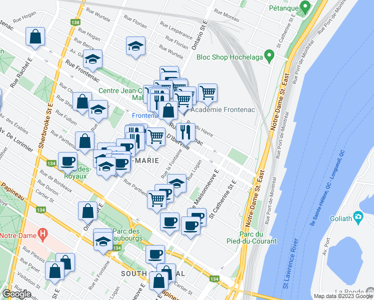 map of restaurants, bars, coffee shops, grocery stores, and more near in Montreal