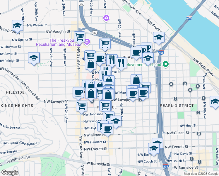 map of restaurants, bars, coffee shops, grocery stores, and more near 1130 Northwest 21st Avenue in Portland
