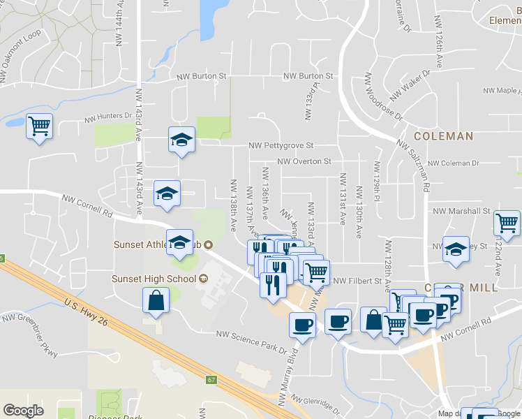 map of restaurants, bars, coffee shops, grocery stores, and more near 1615 Northwest 136th Avenue in Portland