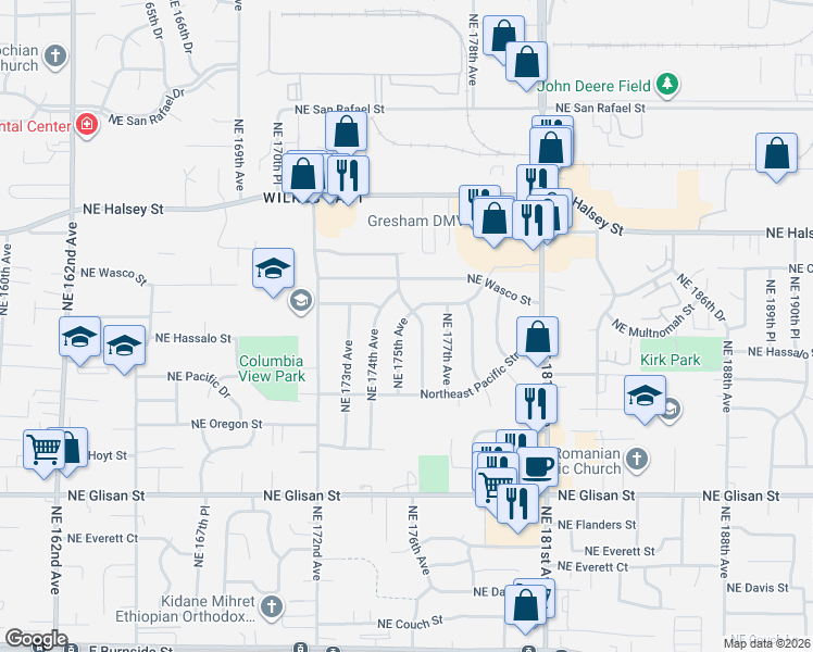 map of restaurants, bars, coffee shops, grocery stores, and more near 1120 Northeast 175th Avenue in Portland
