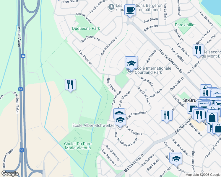 map of restaurants, bars, coffee shops, grocery stores, and more near 1075 Rue Giffard in Saint-Bruno-de-Montarville