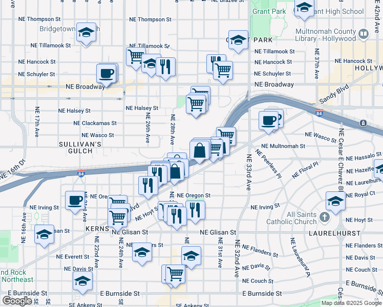 map of restaurants, bars, coffee shops, grocery stores, and more near 1104 Northeast Sullivan Street in Portland