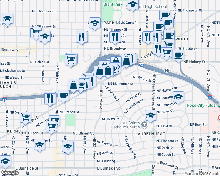 map of restaurants, bars, coffee shops, grocery stores, and more near 3331 Northeast Peerless Place in Portland