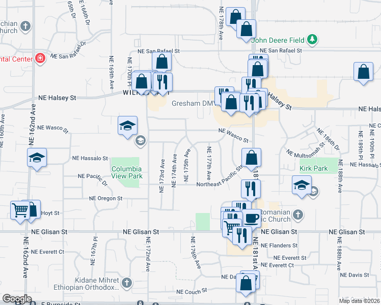 map of restaurants, bars, coffee shops, grocery stores, and more near 1120 Northeast 175th Avenue in Portland