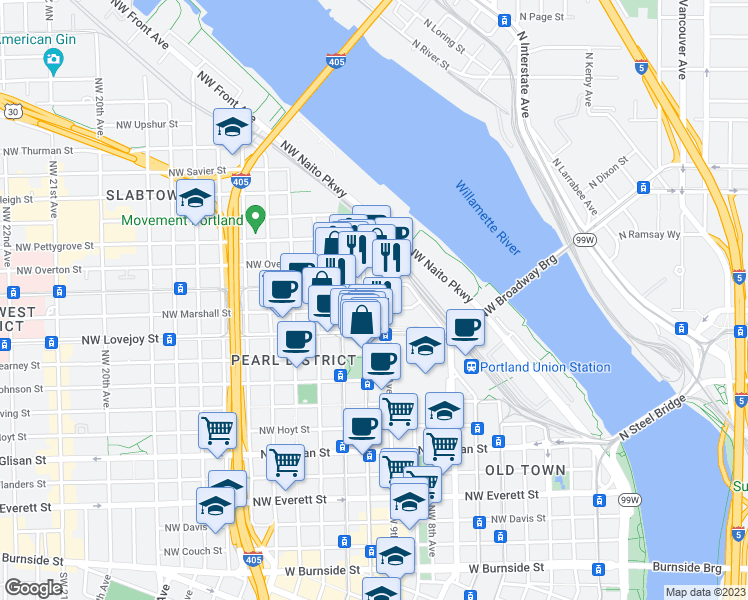 map of restaurants, bars, coffee shops, grocery stores, and more near 1075 Northwest 9th Avenue in Portland