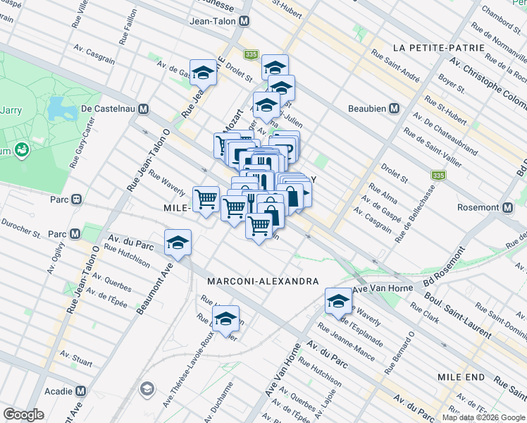 map of restaurants, bars, coffee shops, grocery stores, and more near 6646 Rue Clark in Montréal