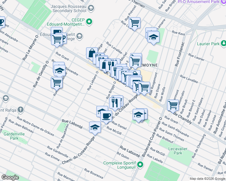 map of restaurants, bars, coffee shops, grocery stores, and more near 140 Rue Briggs Ouest in Longueuil
