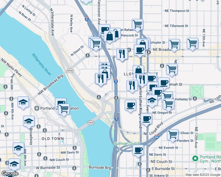 map of restaurants, bars, coffee shops, grocery stores, and more near 1 North Center Court Street in Portland