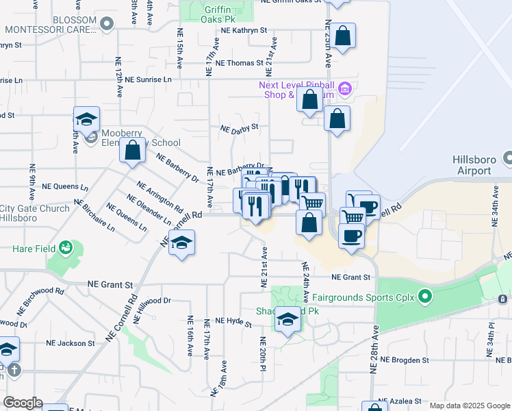 map of restaurants, bars, coffee shops, grocery stores, and more near 2011 Northeast Cornell Road in Hillsboro