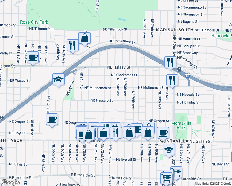 map of restaurants, bars, coffee shops, grocery stores, and more near 1144 Northeast 73rd Avenue in Portland