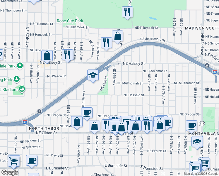 map of restaurants, bars, coffee shops, grocery stores, and more near 1145 Northeast 69th Avenue in Portland