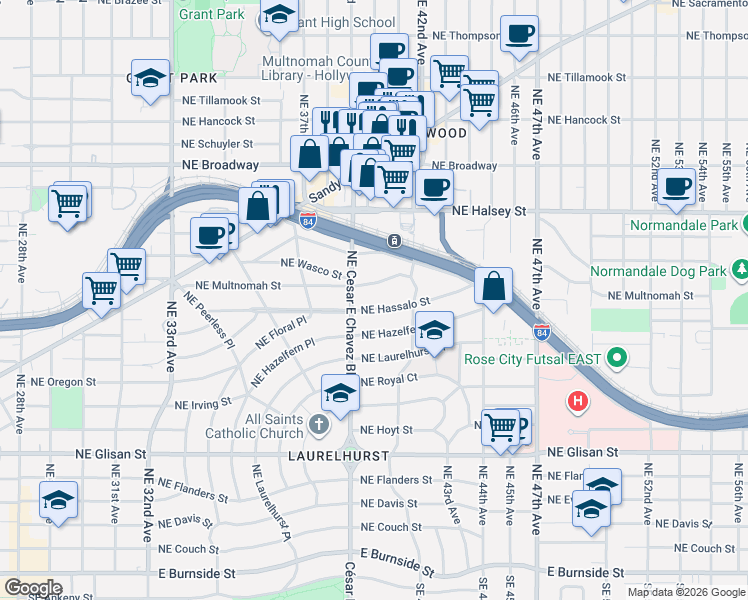 map of restaurants, bars, coffee shops, grocery stores, and more near 4005 Northeast Hassalo Street in Portland