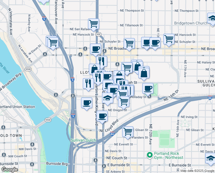 map of restaurants, bars, coffee shops, grocery stores, and more near 500 Northeast Multnomah Street in Portland