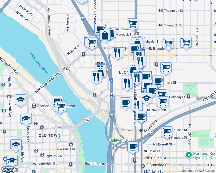 map of restaurants, bars, coffee shops, grocery stores, and more near in Portland