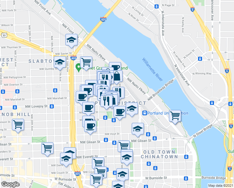 map of restaurants, bars, coffee shops, grocery stores, and more near 1075 Northwest 9th Avenue in Portland