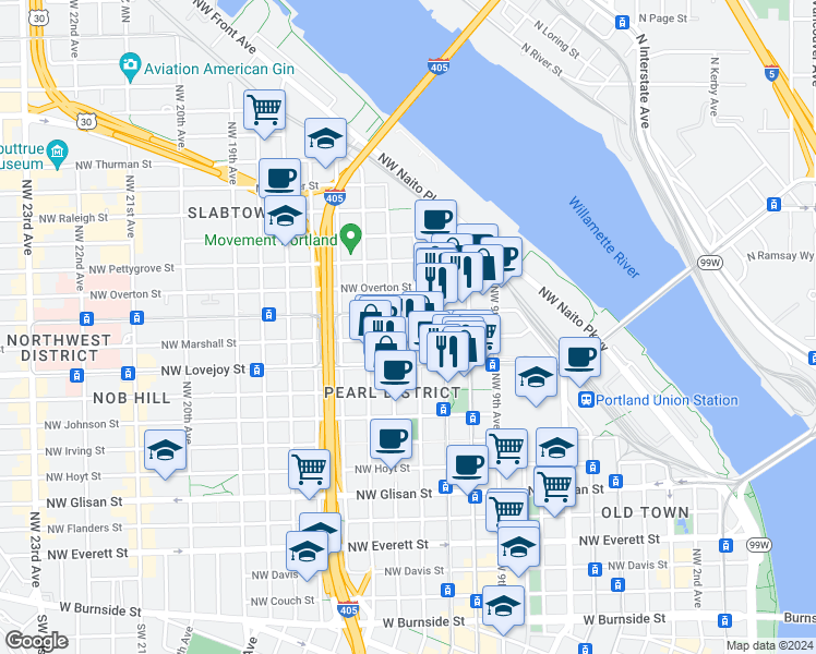 map of restaurants, bars, coffee shops, grocery stores, and more near 1229 Northwest Marshall Street in Portland