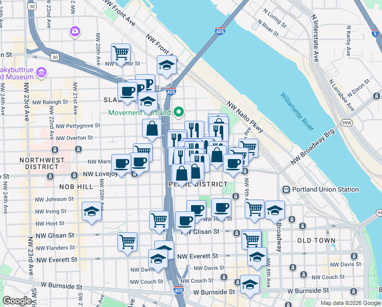 map of restaurants, bars, coffee shops, grocery stores, and more near 1313 Northwest Marshall Street in Portland