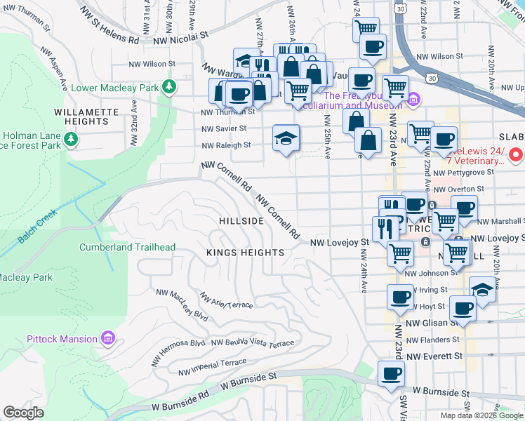 map of restaurants, bars, coffee shops, grocery stores, and more near 1209 Northwest Summit Avenue in Portland