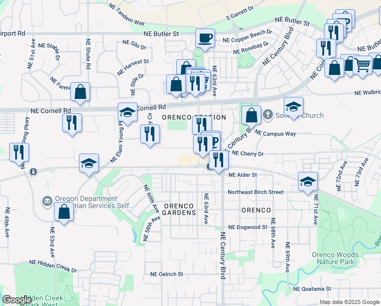 map of restaurants, bars, coffee shops, grocery stores, and more near 6480 Northeast Campus Court in Hillsboro