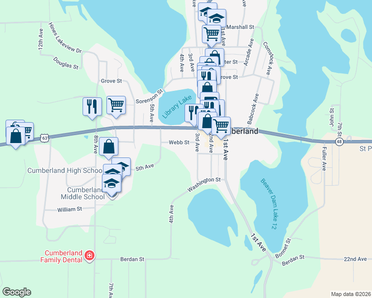 map of restaurants, bars, coffee shops, grocery stores, and more near 1265 Webb Street in Cumberland