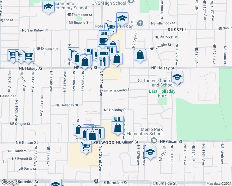 map of restaurants, bars, coffee shops, grocery stores, and more near 12344 Northeast Multnomah Street in Portland